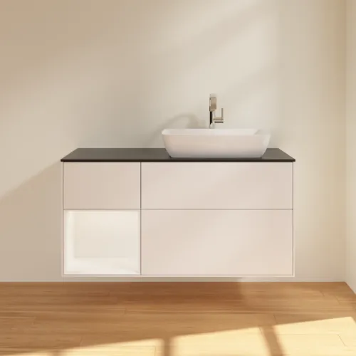 VILLEROY BOCH Toaletní skříňka Finion, s osvětlením, 3 výsuvy, 1200 x 603 x 501 mm, bílý matný lak / bílý matný lak / černé matné sklo #F802MTMT, obrázek 3