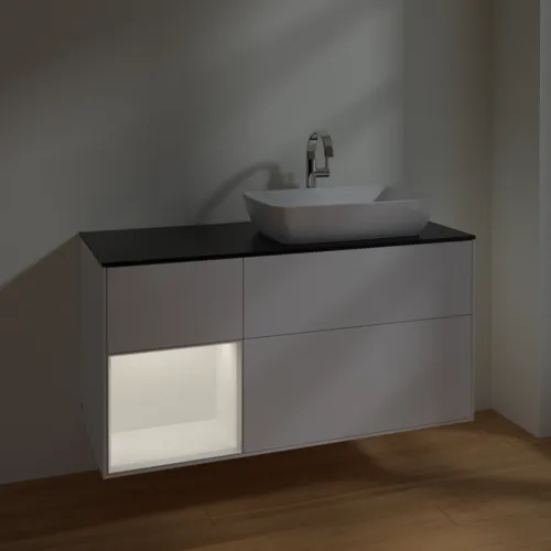VILLEROY BOCH Toaletní skříňka Finion, s osvětlením, 3 výsuvy, 1200 x 603 x 501 mm, bílý matný lak / bílý matný lak / černé matné sklo #F802MTMT, obrázek 5