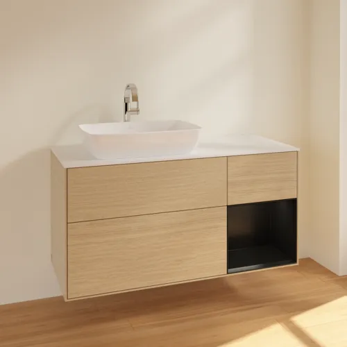 VILLEROY BOCH Toaletní skříňka Finion, s osvětlením, 3 výsuvy, 1200 x 603 x 501 mm, dubová dýha / černý matný lak / bílé matné sklo #F811PDPC, obrázek 2