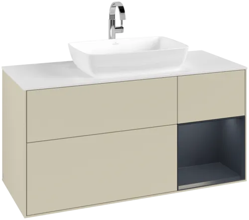 VILLEROY BOCH Toaletní skříňka Finion, s osvětlením, 3 výsuvy, 1200 x 603 x 501 mm, hedvábně šedý matný lak / půlnočně modrý matný lak / bílé matné sklo #F831HGHJ