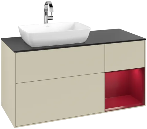 VILLEROY BOCH Toaletní skříňka Finion, s osvětlením, 3 výsuvy, 1200 x 603 x 501 mm, Silk Grey Matt Lacquer / Peony Matt Lacquer / Glass Black Matt #F812HBHJ
