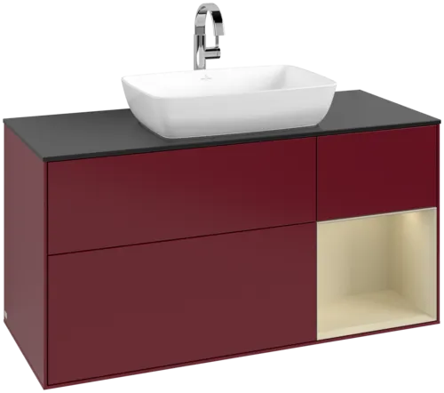 VILLEROY BOCH Toaletní skříňka Finion, s osvětlením, 3 výsuvy, 1200 x 603 x 501 mm, Peony Matt Lacquer / Silk Grey Matt Lacquer / Glass Black Matt #F832HJHB