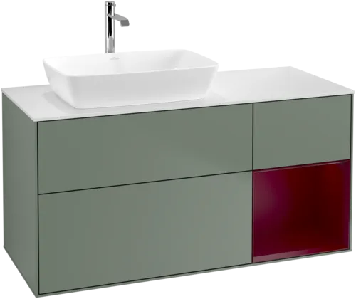 VILLEROY BOCH Toaletní skříňka Finion, s osvětlením, 3 výsuvy, 1200 x 603 x 501 mm, olivový matný lak / pivoňkový matný lak / bílé matné sklo #F811HBGM