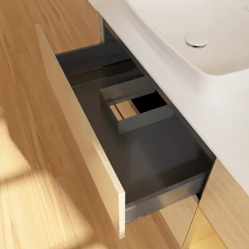 VILLEROY BOCH Toaletní skříňka Finion, s osvětlením, 3 výsuvy, 1200 x 603 x 501 mm, dubová dýha / zlatý matný lak / sklo bílé matné #F811HFPC, obrázek 8
