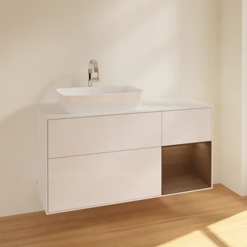 VILLEROY BOCH Toaletní skříňka Finion, s osvětlením, 3 výsuvy, 1200 x 603 x 501 mm, lesklý bílý lak / ořechová dýha / sklo bílé matné #F811GNGF, obrázek 2