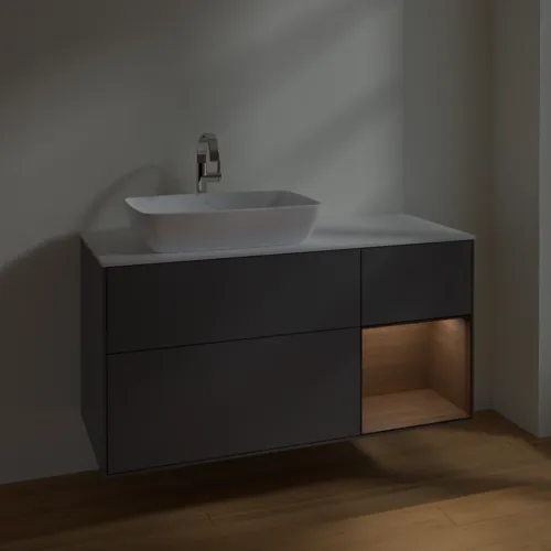 VILLEROY BOCH Toaletní skříňka Finion, s osvětlením, 3 výsuvy, 1200 x 603 x 501 mm, antracit matný lak / ořechová dýha / sklo bílé matné #F811GNGK, obrázek 5