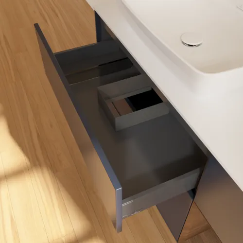 VILLEROY BOCH Toaletní skříňka Finion, s osvětlením, 3 výsuvy, 1200 x 603 x 501 mm, půlnočně modrý matný lak / ořechová dýha / bílé matné sklo #F811GNHG, obrázek 8