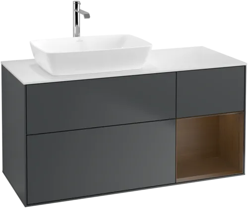 VILLEROY BOCH Toaletní skříňka Finion, s osvětlením, 3 výsuvy, 1200 x 603 x 501 mm, půlnočně modrý matný lak / ořechová dýha / bílé matné sklo #F811GNHG, obrázek 1