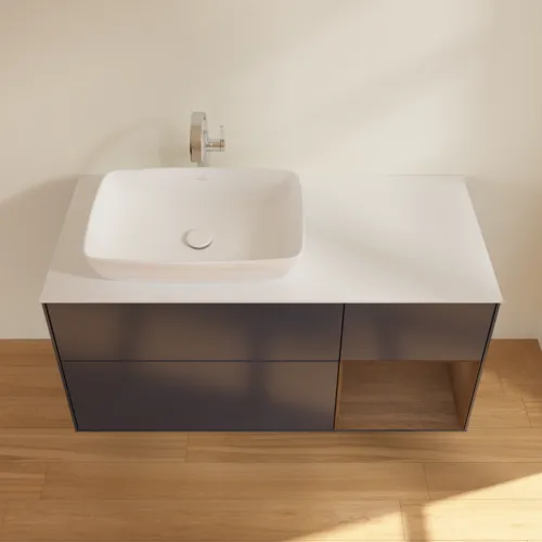 VILLEROY BOCH Toaletní skříňka Finion, s osvětlením, 3 výsuvy, 1200 x 603 x 501 mm, půlnočně modrý matný lak / ořechová dýha / bílé matné sklo #F811GNHG, obrázek 4