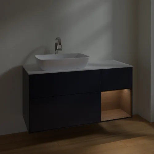 VILLEROY BOCH Toaletní skříňka Finion, s osvětlením, 3 výsuvy, 1200 x 603 x 501 mm, půlnočně modrý matný lak / ořechová dýha / bílé matné sklo #F811GNHG, obrázek 5