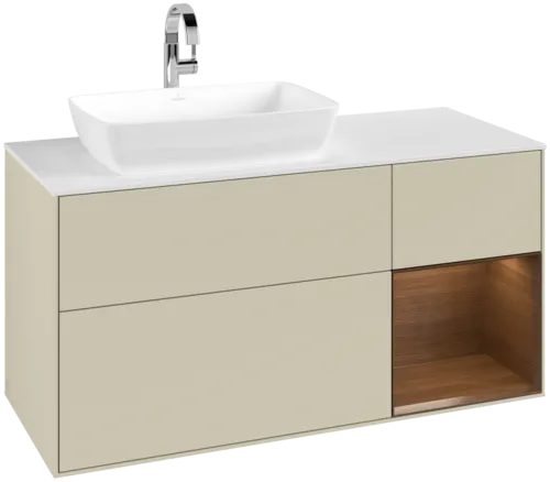 VILLEROY BOCH Toaletní skříňka Finion, s osvětlením, 3 výsuvy, 1200 x 603 x 501 mm, hedvábně šedý matný lak / ořechová dýha / sklo bílé matné #F811GNHJ
