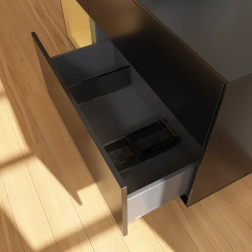 VILLEROY BOCH Toaletní skříňka Finion, s osvětlením, 3 výsuvy, 1200 x 603 x 501 mm, černý matný lak / zlatý matný lak / černé matné sklo #F822HFPD, obrázek 7