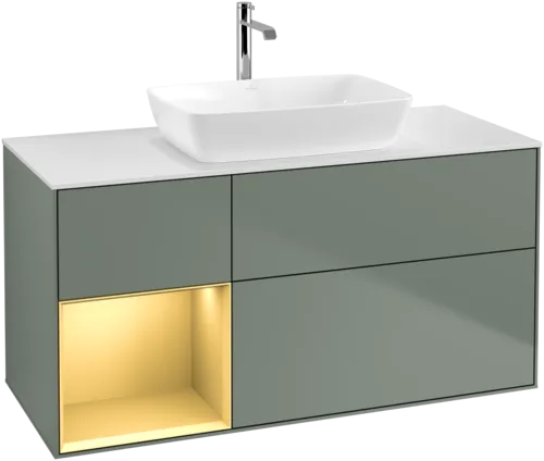 VILLEROY BOCH Toaletní skříňka Finion, s osvětlením, 3 výsuvy, 1200 x 603 x 501 mm, olivový matný lak / zlatý matný lak / bílé matné sklo #F821HFGM