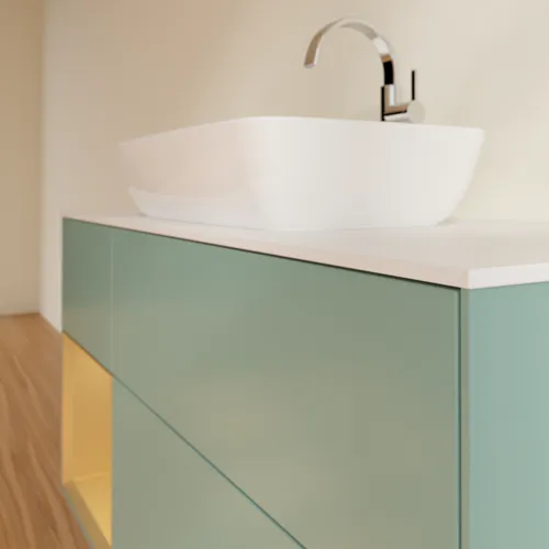 VILLEROY BOCH Toaletní skříňka Finion, s osvětlením, 3 výsuvy, 1200 x 603 x 501 mm, olivový matný lak / zlatý matný lak / bílé matné sklo #F821HFGM, obrázek 6