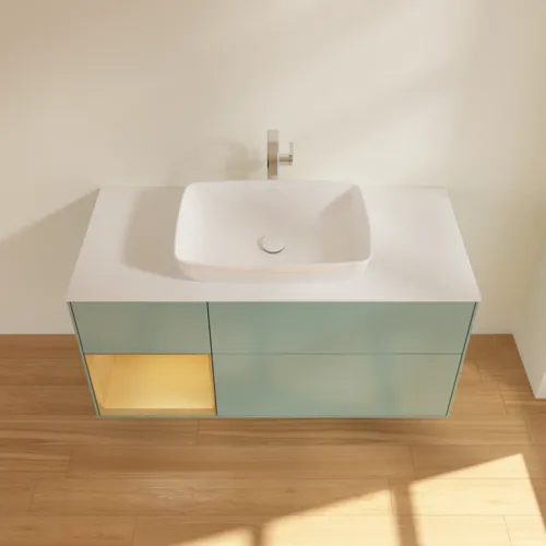 VILLEROY BOCH Toaletní skříňka Finion, s osvětlením, 3 výsuvy, 1200 x 603 x 501 mm, olivový matný lak / zlatý matný lak / bílé matné sklo #F821HFGM, obrázek 4