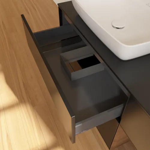 VILLEROY BOCH Toaletní skříňka Finion, s osvětlením, 3 výsuvy, 1200 x 603 x 501 mm, černý matný lak / ořechová dýha / černé matné sklo #F812GNPD, obrázek 8