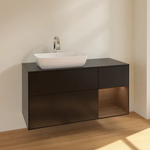 VILLEROY BOCH Toaletní skříňka Finion, s osvětlením, 3 výsuvy, 1200 x 603 x 501 mm, černý matný lak / ořechová dýha / černé matné sklo #F812GNPD, obrázek 2