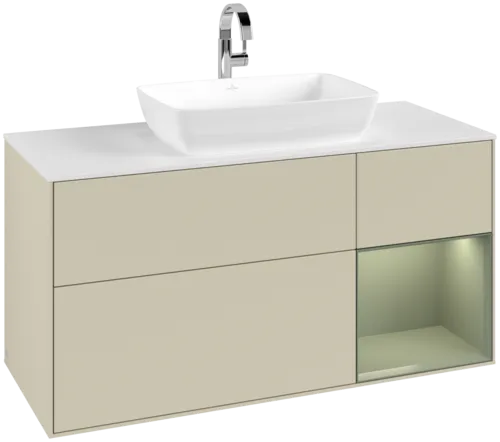 VILLEROY BOCH Toaletní skříňka Finion, s osvětlením, 3 výsuvy, 1200 x 603 x 501 mm, hedvábně šedý matný lak / olivový matný lak / bílé matné sklo #F831GMHJ