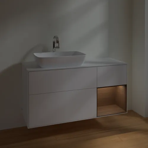 VILLEROY BOCH Toaletní skříňka Finion, s osvětlením, 3 výsuvy, 1200 x 603 x 501 mm, bílý matný lak / ořechová dýha / sklo bílé matné #F811GNMT, obrázek 5