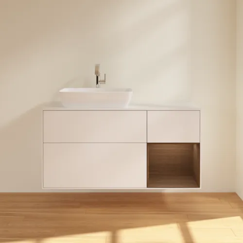 VILLEROY BOCH Toaletní skříňka Finion, s osvětlením, 3 výsuvy, 1200 x 603 x 501 mm, bílý matný lak / ořechová dýha / sklo bílé matné #F811GNMT, obrázek 3