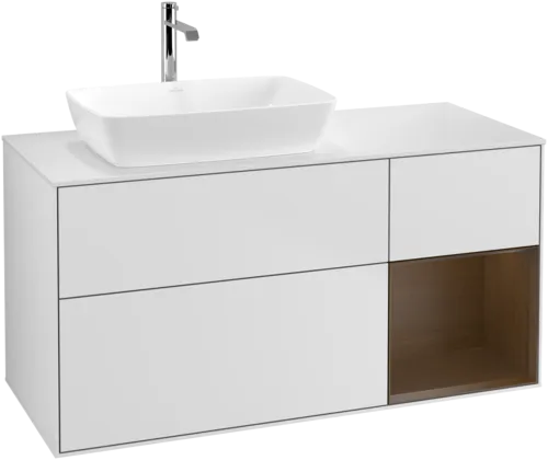 VILLEROY BOCH Toaletní skříňka Finion, s osvětlením, 3 výsuvy, 1200 x 603 x 501 mm, bílý matný lak / ořechová dýha / sklo bílé matné #F811GNMT, obrázek 1