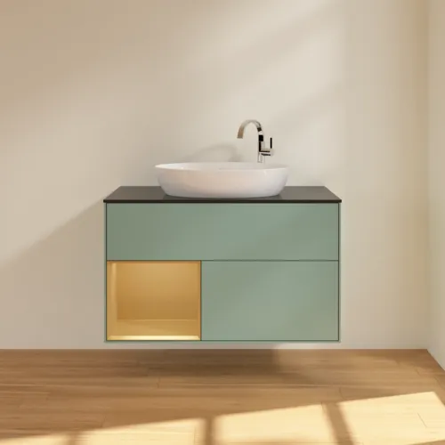 Obrázek VILLEROY BOCH Toaletní skříňka Finion, s osvětlením, 2 výsuvy, 1000 x 603 x 501 mm, olivový matný lak / zlatý matný lak / černé matné sklo #F892HFGM
