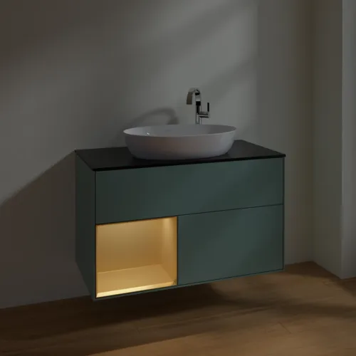 Obrázek VILLEROY BOCH Toaletní skříňka Finion, s osvětlením, 2 výsuvy, 1000 x 603 x 501 mm, olivový matný lak / zlatý matný lak / černé matné sklo #F892HFGM