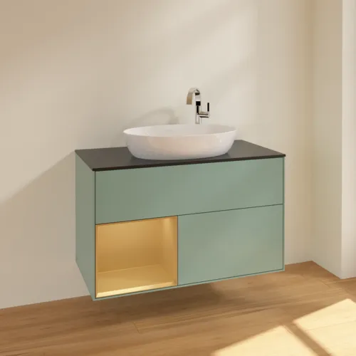 Obrázek VILLEROY BOCH Toaletní skříňka Finion, s osvětlením, 2 výsuvy, 1000 x 603 x 501 mm, olivový matný lak / zlatý matný lak / černé matné sklo #F892HFGM