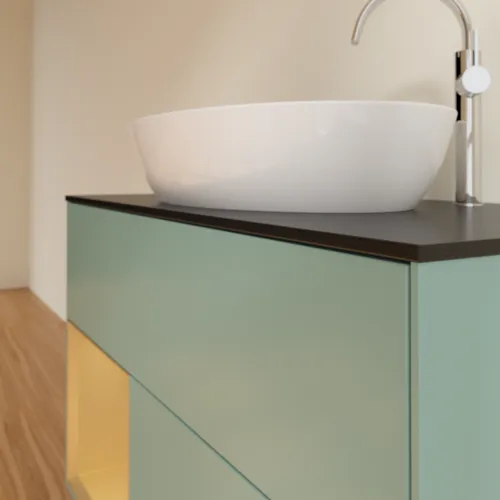 Obrázek VILLEROY BOCH Toaletní skříňka Finion, s osvětlením, 2 výsuvy, 1000 x 603 x 501 mm, olivový matný lak / zlatý matný lak / černé matné sklo #F892HFGM