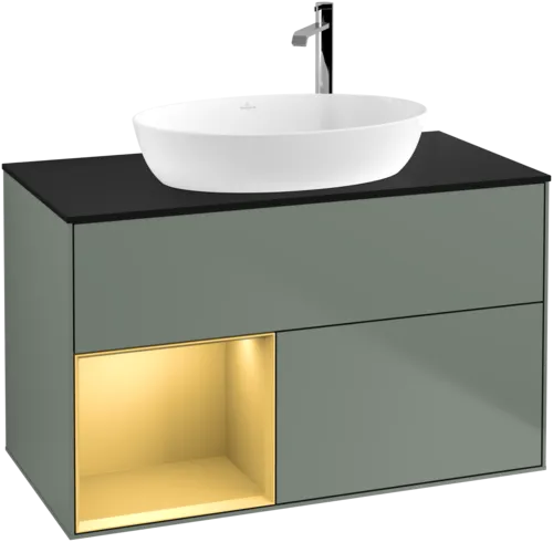 Obrázek VILLEROY BOCH Toaletní skříňka Finion, s osvětlením, 2 výsuvy, 1000 x 603 x 501 mm, olivový matný lak / zlatý matný lak / černé matné sklo #F892HFGM