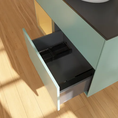 Obrázek VILLEROY BOCH Toaletní skříňka Finion, s osvětlením, 2 výsuvy, 1000 x 603 x 501 mm, olivový matný lak / zlatý matný lak / černé matné sklo #F892HFGM
