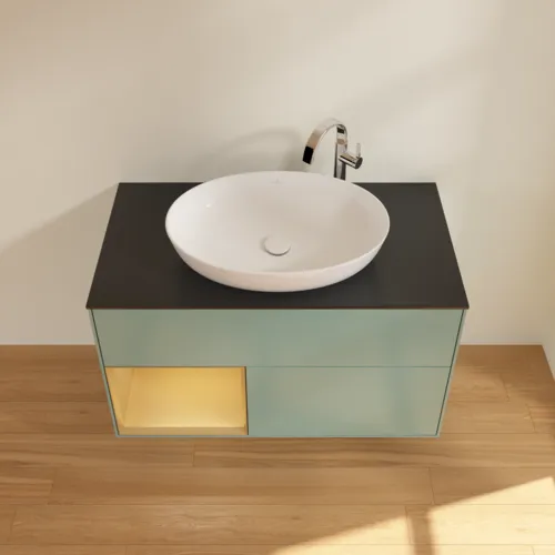 Obrázek VILLEROY BOCH Toaletní skříňka Finion, s osvětlením, 2 výsuvy, 1000 x 603 x 501 mm, olivový matný lak / zlatý matný lak / černé matné sklo #F892HFGM