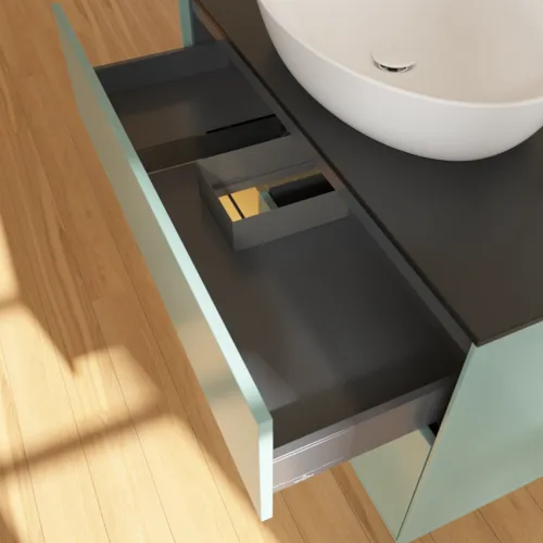 Obrázek VILLEROY BOCH Toaletní skříňka Finion, s osvětlením, 2 výsuvy, 1000 x 603 x 501 mm, olivový matný lak / zlatý matný lak / černé matné sklo #F892HFGM