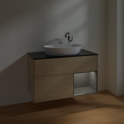 VILLEROY BOCH Toaletní skříňka Finion, s osvětlením, 2 výsuvy, 1000 x 603 x 501 mm, dubová dýha / antracitový matný lak / černé matné sklo #F902GKPC, obrázek 5