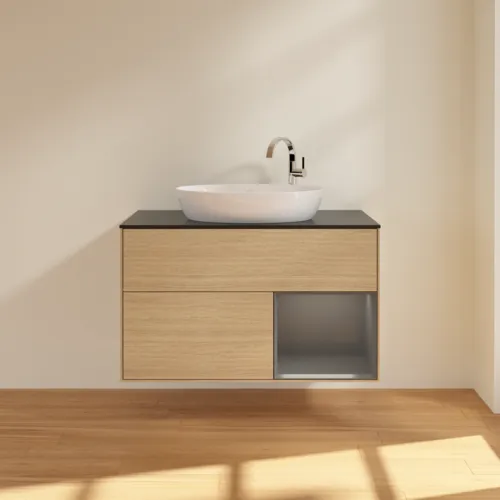 VILLEROY BOCH Toaletní skříňka Finion, s osvětlením, 2 výsuvy, 1000 x 603 x 501 mm, dubová dýha / antracitový matný lak / černé matné sklo #F902GKPC, obrázek 3