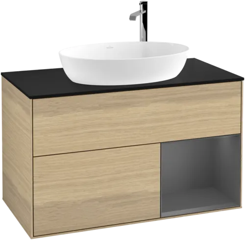 VILLEROY BOCH Toaletní skříňka Finion, s osvětlením, 2 výsuvy, 1000 x 603 x 501 mm, dubová dýha / antracitový matný lak / černé matné sklo #F902GKPC