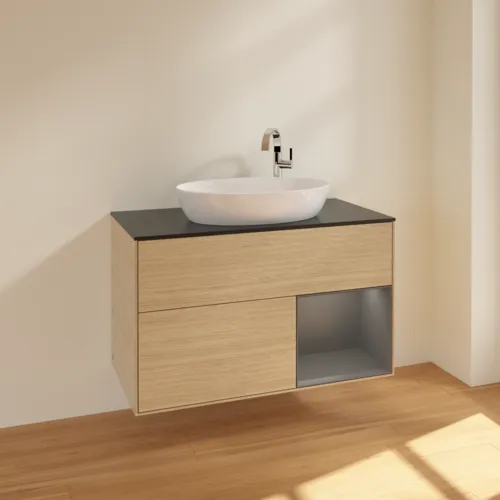 VILLEROY BOCH Toaletní skříňka Finion, s osvětlením, 2 výsuvy, 1000 x 603 x 501 mm, dubová dýha / antracitový matný lak / černé matné sklo #F902GKPC, obrázek 2