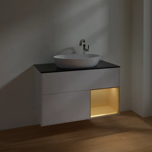 Obrázek VILLEROY BOCH Toaletní skříňka Finion, s osvětlením, 2 výsuvy, 1000 x 603 x 501 mm, lesklý bílý lak / zlatý matný lak / černé matné sklo #F902HFGF