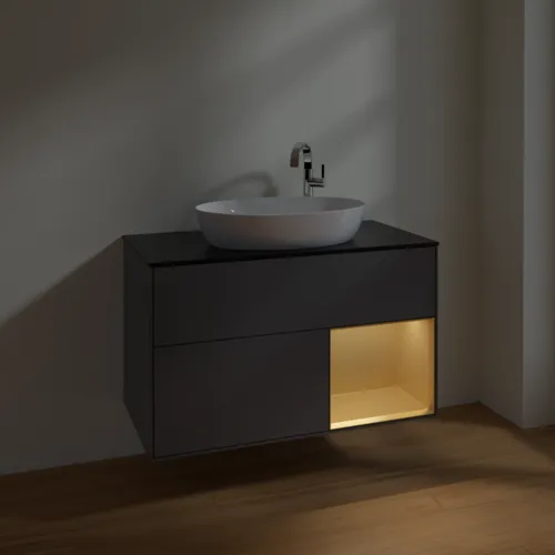 Obrázek VILLEROY BOCH Toaletní skříňka Finion, s osvětlením, 2 výsuvy, 1000 x 603 x 501 mm, antracit matný lak / zlatý matný lak / černé matné sklo #F902HFGK
