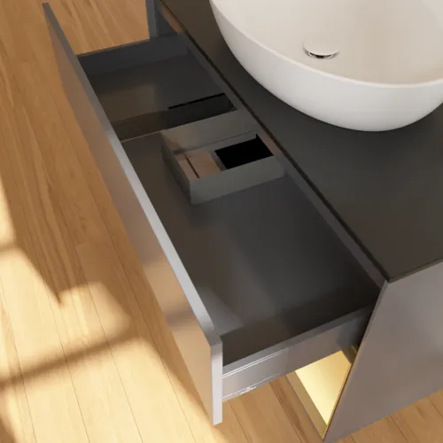 Obrázek VILLEROY BOCH Toaletní skříňka Finion, s osvětlením, 2 výsuvy, 1000 x 603 x 501 mm, antracit matný lak / zlatý matný lak / černé matné sklo #F902HFGK