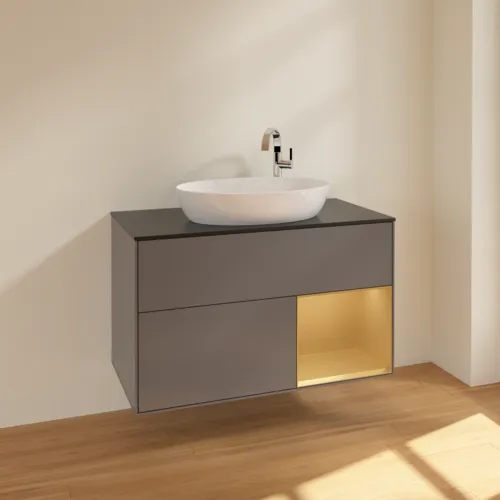 Obrázek VILLEROY BOCH Toaletní skříňka Finion, s osvětlením, 2 výsuvy, 1000 x 603 x 501 mm, antracit matný lak / zlatý matný lak / černé matné sklo #F902HFGK