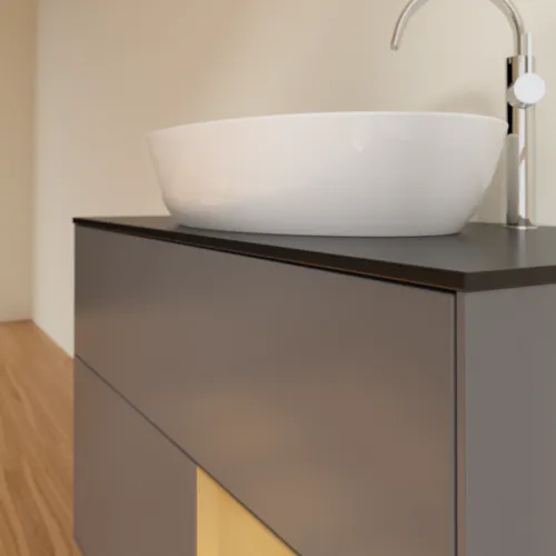 Obrázek VILLEROY BOCH Toaletní skříňka Finion, s osvětlením, 2 výsuvy, 1000 x 603 x 501 mm, antracit matný lak / zlatý matný lak / černé matné sklo #F902HFGK