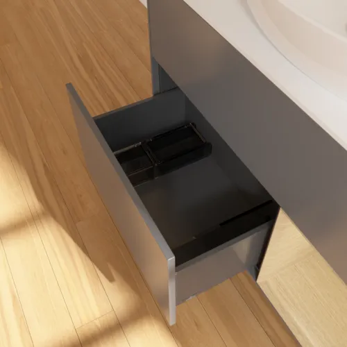 Obrázek VILLEROY BOCH Toaletní skříňka Finion, s osvětlením, 2 výsuvy, 1000 x 603 x 501 mm, antracit matný lak / dubová dýha / sklo bílé matné #F901PCGK