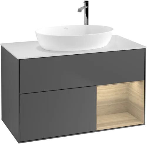 Obrázek VILLEROY BOCH Toaletní skříňka Finion, s osvětlením, 2 výsuvy, 1000 x 603 x 501 mm, antracit matný lak / dubová dýha / sklo bílé matné #F901PCGK