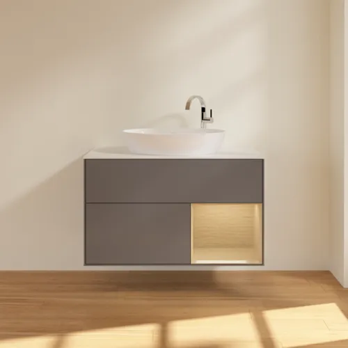 Obrázek VILLEROY BOCH Toaletní skříňka Finion, s osvětlením, 2 výsuvy, 1000 x 603 x 501 mm, antracit matný lak / dubová dýha / sklo bílé matné #F901PCGK