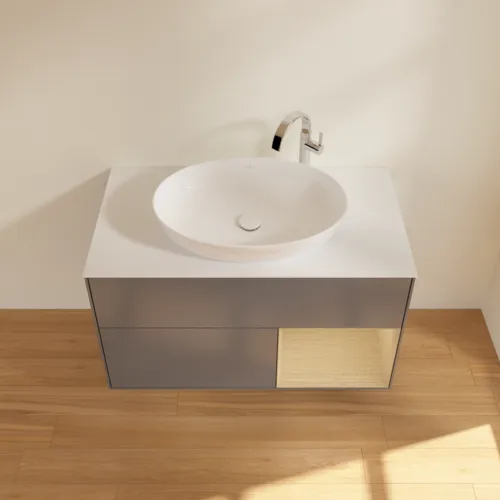 Obrázek VILLEROY BOCH Toaletní skříňka Finion, s osvětlením, 2 výsuvy, 1000 x 603 x 501 mm, antracit matný lak / dubová dýha / sklo bílé matné #F901PCGK