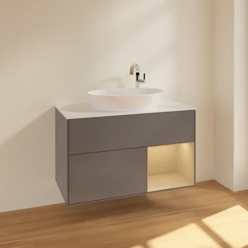 Obrázek VILLEROY BOCH Toaletní skříňka Finion, s osvětlením, 2 výsuvy, 1000 x 603 x 501 mm, antracit matný lak / dubová dýha / sklo bílé matné #F901PCGK