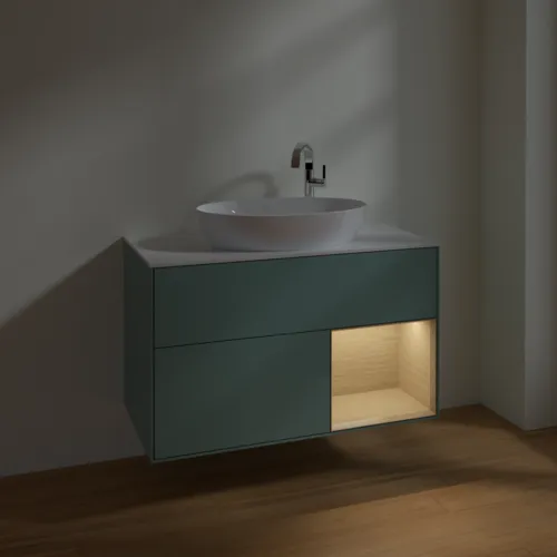Obrázek VILLEROY BOCH Toaletní skříňka Finion, s osvětlením, 2 výsuvy, 1000 x 603 x 501 mm, olivový matný lak / dubová dýha / sklo bílé matné #F901PCGM
