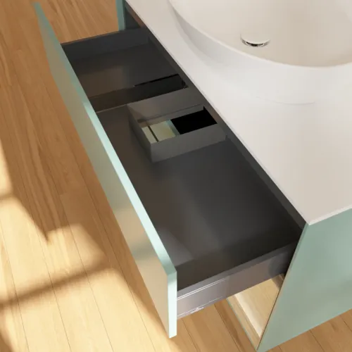 Obrázek VILLEROY BOCH Toaletní skříňka Finion, s osvětlením, 2 výsuvy, 1000 x 603 x 501 mm, olivový matný lak / dubová dýha / sklo bílé matné #F901PCGM