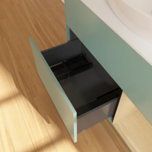 Obrázek VILLEROY BOCH Toaletní skříňka Finion, s osvětlením, 2 výsuvy, 1000 x 603 x 501 mm, olivový matný lak / dubová dýha / sklo bílé matné #F901PCGM